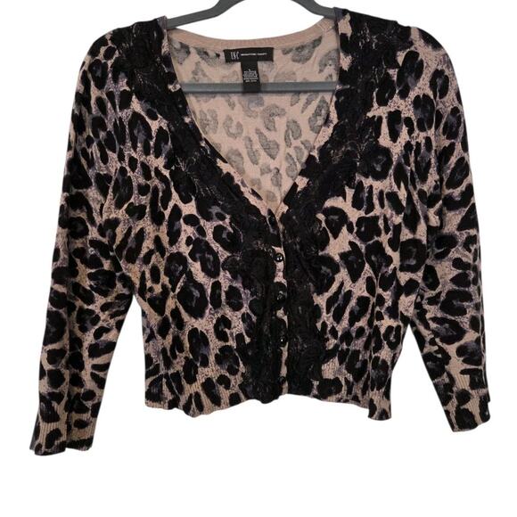 INC Int. Animal Print & Black Lace Rockabilly Preppy ¾ Sleeves Cardigan | L EUC - Picture 1 of 10